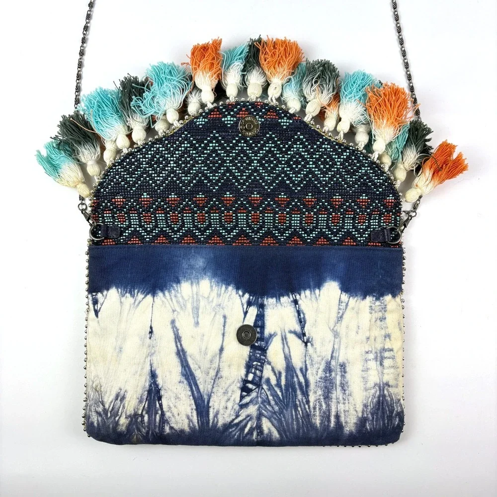 Steve Madden Josa Tassel & Bead Clutch Navy Coral Turquise Metal Strap Boho Fest
